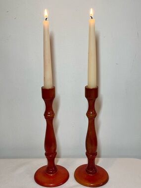 Vintage Classic Tall Wooden Turned Candlesticks Pair in Warm Red Brown. 11.25”